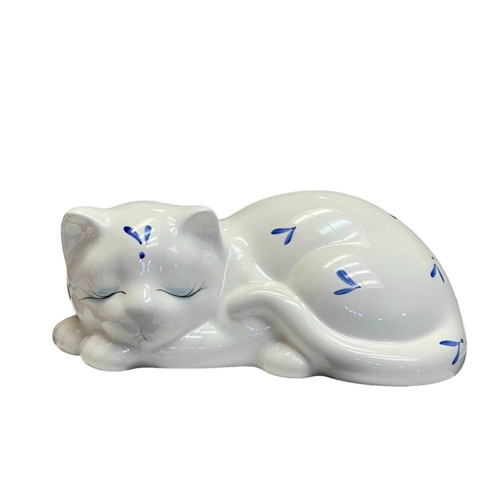 Collectible Asian Glazed Hand Painted White and Blue Ceramic Sleeping Cat Figure